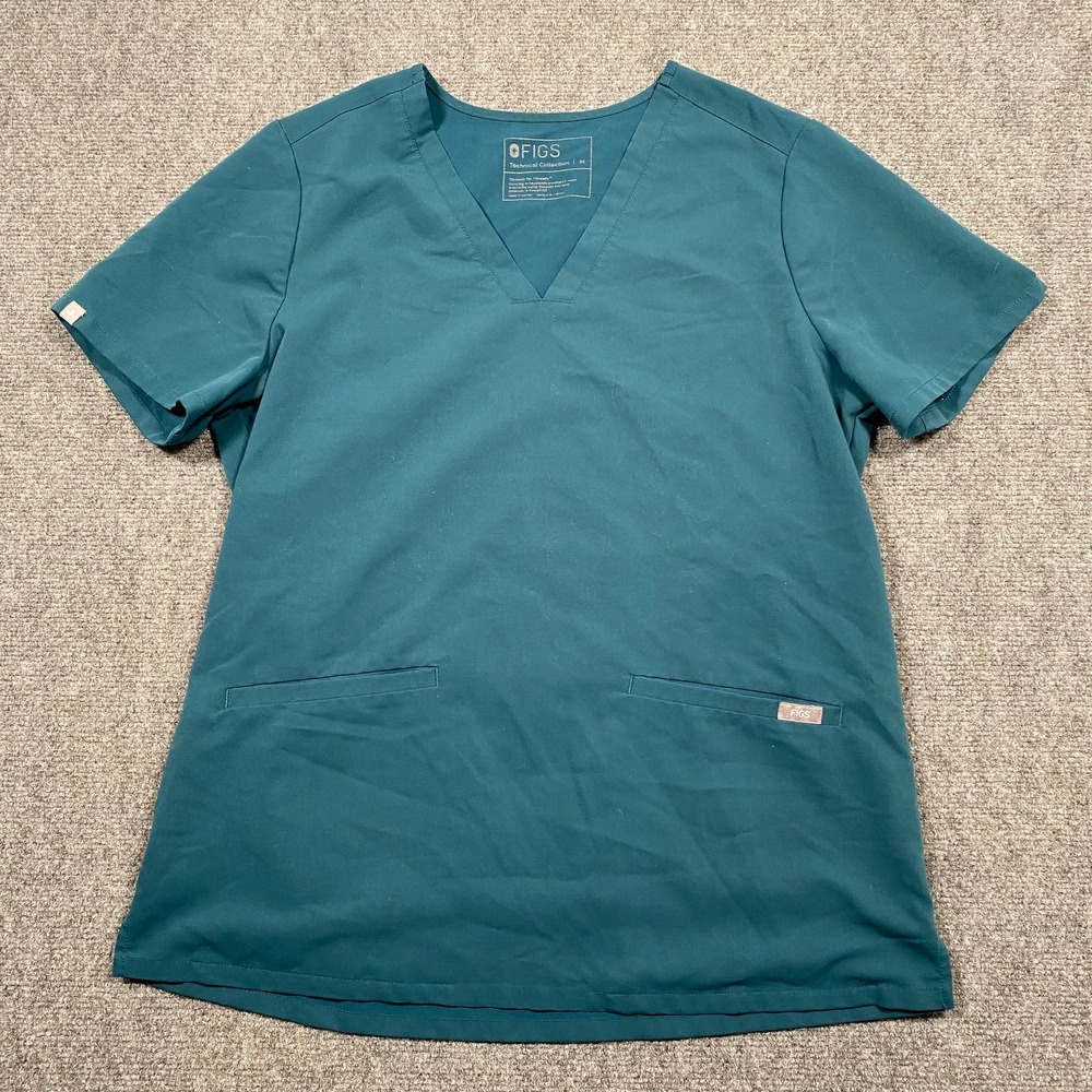 FIGS Scrub Top Womens Medium Green V-Neck 2 Pocket Technical Collection Nursing